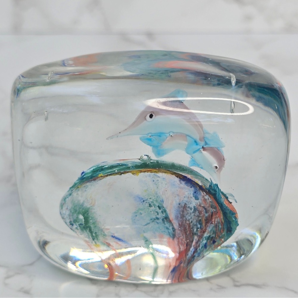 Vintage Art Glass Dolphin Paperweight Ocean Reef Figurine Blue Clear 3in - Picture 3 of 9